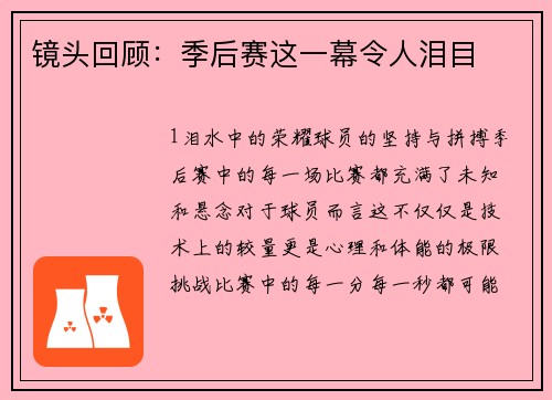 镜头回顾：季后赛这一幕令人泪目