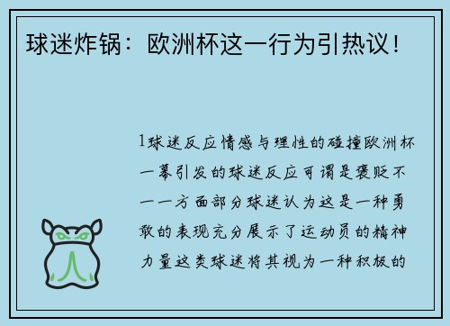 球迷炸锅：欧洲杯这一行为引热议！