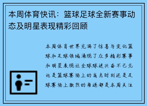 本周体育快讯：篮球足球全新赛事动态及明星表现精彩回顾