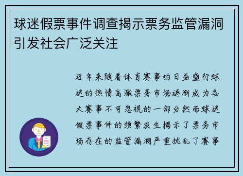 球迷假票事件调查揭示票务监管漏洞引发社会广泛关注